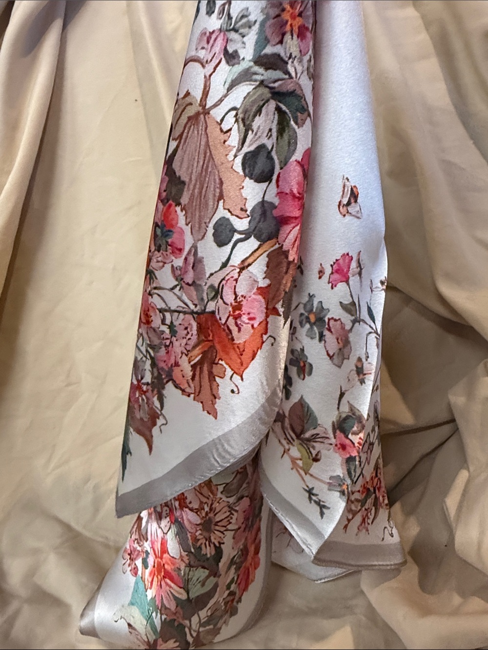 100% Silk Scarf Floral Print Decorative in Pink and Cream
